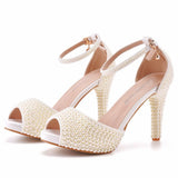 Fish Mouth High-Heeled Sandals Waterproof Table Sandals Fine Heel Pearl Beads Wedding Shoes Wedding