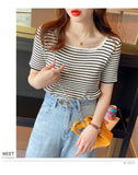 Zingj Neckline T-Shirt Female Summer 2024 Square Collar Design Sense Niche Stripe Short Sleeve Low Collar Slim Slim Knit