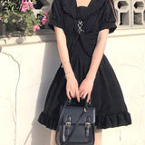 Black Lolita Dress Women Korean Style Puff Sleeve High Waist Party Dress Summer Vintage Sweet Ruffle Kawaii Fairy