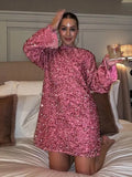 Women Rose Red Sequin Short Dress Fashion Long Sleeve Back Hollow Out Bowknot Dresses 2023 New Year Christmas Evening