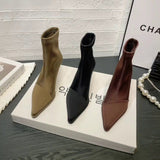 Zingj New Autumn And Winter 2024 Wind Silk And Satin Sleeve Fashion Pointed Short Boots Women's Thin Heel Elastic Silk Stockings Boots Short Tube Thin