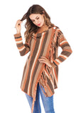Queens Women Color Matching Long Sleeve Tassel Kniting Bohemian Maxi Sweater Pile Collar Boho