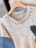 Zingj Women Sweater Patchwork Denim Long Sleeve O-Neck Loose Heart Chic Pullovers Simple Knitted Autumn Winter 2023 New Knit Jumpers 211-0-Outfit