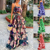 Spot 2025 Women's Fashion Holiday Wind Strap Top Print Flounce Skirt Two-Piece