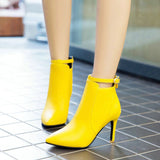 Women Thin High Heel Ankle Boots Fashion Zipper Boots Ladies Pointed Toe Buckle Fall Winter Women Boots Black Yellow White