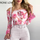 Women Elegant Flare Sleeves Slash Collar All Over Print with Floral Women Sexy Blouse
