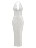 Halter Deep V Neck Sequin Maxi Dress- Outfit
