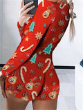 Women Christmas Print Slim Fit Rompers Jumpsuits Sexy Buttons Up V Neck Long Sleeve Shorts Pajama Bodysuits
