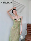 Green Floral Patch Mesh Backless Slip Dress For Women 2022 Summer A Line V Neck Long Midi Ladies Dress Designer