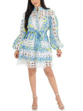 Spring 2025 Small Fashion Temperament Round Tie Collar To Collect Waist Thin Design Lantern Sleeve Short Dress