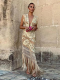 V Neck Printed Patchwork Tassels Maxi Dresses Women Elegant Sleeveless Slim Robes 2025 Fashion Lady Vacation Party Vestidos 211-1-Outfit