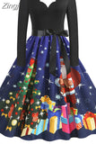 Women Christmas Party Dress Elegant Vinatge Long Sleeve Winter Sundress V Neck New Year Costume Clothing