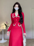 Winter Vintage Knitted Midi Dresses for Women 2023 Elegant Fashion Turn Down Collar Long Sleeves Sweater Female