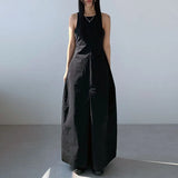 Zingj Chic Minimalist Minority Round Collar Double Pocket Fold Fold Waist Over The Knee Long Vest Dress