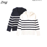 Women Fashion Loose Striped Knit Sweater Vintage Polo Collar Long Sleeve Female Pullovers Chic