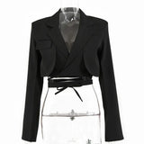 Gray Double Layer Bandage Slim Blazer Women Long Sleeve Pocket Short Jacket Female Notched Collar Outwear Tops 2021