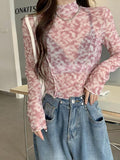 Sheer Mesh Top T-shirt Women Clothes Long Sleeve 2022 New Spring Summer Korean See Through Crop Top Tshirts Y2k