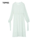 2021 Fashion Women's Dress O Neck Casual Polka Dot Print Chiffon Elegant Dress Chic Long Sleeve Femme