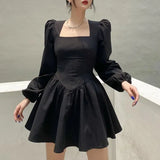 Elegant Chic Square Neck Vintage Puff Sleeve Black Women Mini Dress French Sexy Casual Party StreetWear New Year