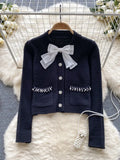 Winter Korean Style Women's Bow Knitted Sweater Cardigan Fashion Beaded Female Long Sleeve Round Neck Casual