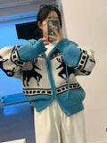 Deer Jacquard Hooded Knitting Zipper Cardigan- Outfit