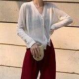 Women Korean Long Sleeve Cardigan Summer Cropped Cardigan Knitted V Neck Thin Ice Silk Blouse Sunscreen Shirt