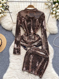 American Spring Sequins Two Pieces Sets Senior Lapel Long Sleeves Shirt+Bodycon Mini Skirt Fashion Shiny Sexy