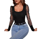 Zingj Women's Wear 2024 Summer New U Collar Mesh Sleeve Splicing Pure Color Versatile Show Thin Temperament T-Shirt Women's