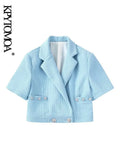 Women Fashion With Buttons Textured Cropped Jacket Coat Vintage Lapel Collar Short Sleeve Female Outerwear Chic