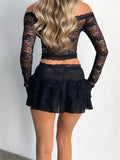 Women Long Sleeve Lace Mesh Crop Tops Off Shoulder T-Shirts Spring Fall Casual Slim Fit Tees Shirts Clubwear 2023