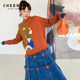 Orange Floral Embroidery Oversized Sweater Winter Clothes Women Pullovers Crewneck Color Block Knitted Sweater