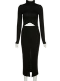 2 Piece Sets Womens outfits Winter Long Sleeve Turtleneck Crop Top And Women Midi Black Skirt Split Sexy Casual