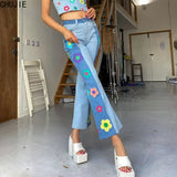 Vintage Flower Patchwork Jeans Woman High Waist Denim Trousers Streetwear Women 2022 Summer Indie Clothes