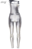 Summer Shiny Sliky 2Piece Set Women Sleeveless Off Shoulder Skinny Bodysuit Top+High Waist Trousers Matching