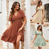 Leisure Spring And Summer New Women's Fresh V Collar Pure Color Lotus Leaf Sleeve Dress