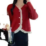 Zingj French Retro V-Neck Gentle Temperament Small Fragrant Wind Jacket Flounce Stitching Chiffon Knit Sweater Woman-Outfit