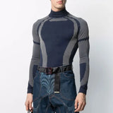 Men Tight Tee Streetwear New Arrival Long Sleeve Basic Tops Clothes Fashion Stand Collar Slim Patchwork Pullover