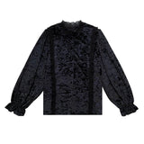 Vintage Autumn New Pleated Lace Stand Collar Blouse Women Velvet Lantern Sleeve Shirt Tops Women Cardigan Clothing