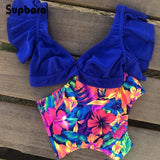 Ruffled Hem Bikini Set Women Flora V-Neck High-Waisted Two Piece Swimsuit 2021 Girl Beach Bathing Suit Swimwear