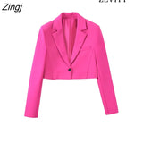 Women Fashion Front Button Cropped Blazer Coat Vintage Notched Collar Long Sleeve Female Outerwear Chic Veste