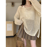 Zingj Sweet Gentle Loose Sweater Fold Wear Outside Smoouse Hollow Out Inclined Collar Shoulder Long Sleeve Knit Sweater Jacket Female-Outfit
