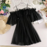 New Summer Autumn Women Ruffles A-Line Dress Sweet Slash Neck Lace Dress Female Short Sleeve Mesh Dress Vestidos