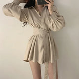 Casual Short Suits for Women Lace Up Puff Sleeve Blouse & Wide Leg Shorts 2020 Summer Pant Suits Female 2 Pieces