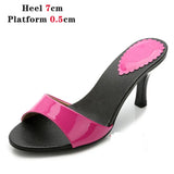 Voesnees 2021 New Women Brand Summer Slippers High Quality One Word Band Sandal Pure Colour Patent Leather High-Heeled