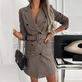Lady Blazer Dress Women Notched Double Breasted Houndstooth print dress Elegant Autumn Long sleeve With Belt Dress