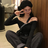 Sexy Off Shoulder T Shirt Women Fashion Casual Solid Color Tshirt Trendy Slim Crop Tops New Long Sleeve