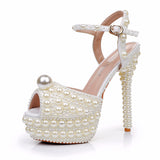 Cm High-Heeled Sandals Rice Pearl Fish Mouth High Heel Sandals Fine Heel Waterproof Table Bridal Wedding Dress