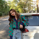Women Long Sleeve V-Neck Print Sweet Comfortable Femme Cardigan Knitted Wear Casual All-match Warm Student Autumn