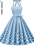 De Cocktail Vintage Dress Halter Cotton Polka Dot Print Blue Short Party Sundress 50s 60s Retro Pin Up Rockabilly