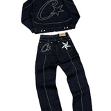Zingj Devil Island Denim Suit High Street Western Denim Jacket Baggy Jeans Trend Card 211-1-Outfit
